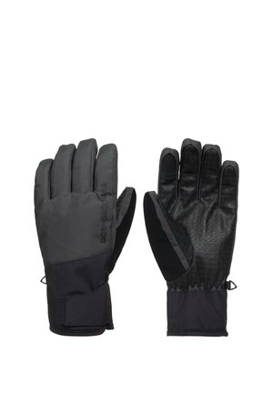 Pair of black winter gloves with textured palms and adjustable wrist straps shown palm and back side.