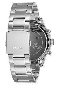 Montre en acier inoxydable avec un bracelet et un boîtier argentés polis. Présente un fermoir rectangulaire simple et un cadran noir avec des accents argentés.