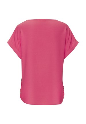 Leuchtend pinke Kurzarmbluse mit umgeschlagenen Manschetten, geradem Saum und seitlichen Knopfdetails, von hinten auf weißem Hintergrund gezeigt.