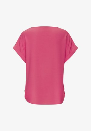 Leuchtend pinke Kurzarmbluse mit umgeschlagenen Manschetten, geradem Saum und seitlichen Knopfdetails, von hinten auf weißem Hintergrund gezeigt.