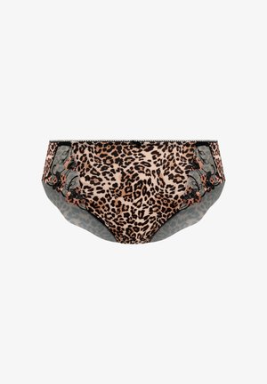 Braguitas de estampado de leopardo con una cintura alta, que presentan paneles de encaje negro translúcido y detalles florales en los laterales. Tela suave y lisa.