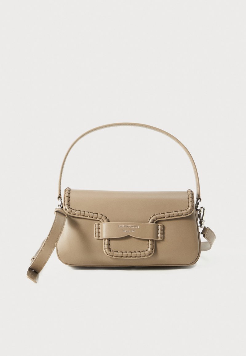 Beige leather handbag with a rectangular shape, braided detailing along the edges, and a flat strap; features a clasp closure.