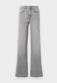 Jean taille haute, large et gris clair, avec poches devant, passants pour ceinture et fermeture à bouton à la taille.