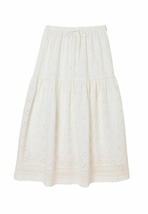 Weißer Midirock mit floraler Lochstickerei, elastischem Bund, Kordelzug und gewelltem Saum.