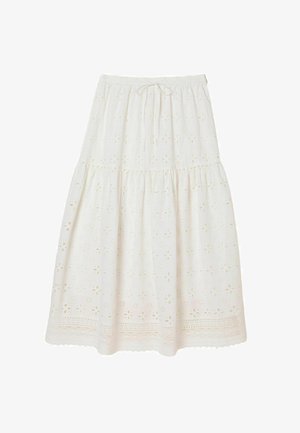 Witte midi-rok met oogjes bloemvormig borduurwerk, elastische tailleband, trekkoord en gegolfde zoomafwerking.