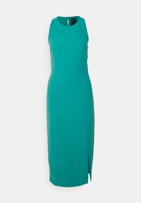 Bezramenné šaty po kolena z jednobarevného smaragdově modrého materiálu, s kulatým výstřihem a bočními rozparky pro snadnější pohyb. Zapínání na zip na zadní straně.