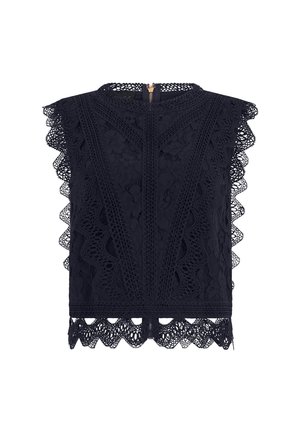 Black sleeveless lace top with floral patterns, scalloped edges, and intricate crochet trim, featuring a back zipper closure.