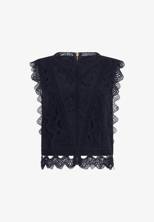 Black sleeveless lace top with floral patterns, scalloped edges, and intricate crochet trim, featuring a back zipper closure.