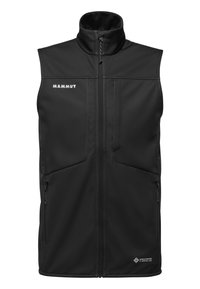 Schwarze Softshell-Weste mit hohem Kragen, Reißverschluss vorne und zwei seitlichen Taschen; hat eine glatte Textur und das Mammut-Logo auf der Brust.