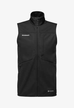 Schwarze Softshell-Weste mit hohem Kragen, Reißverschluss vorne und zwei seitlichen Taschen; hat eine glatte Textur und das Mammut-Logo auf der Brust.