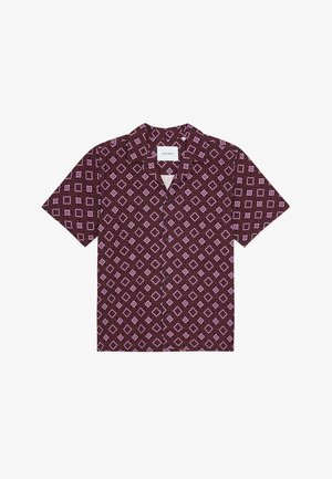 Lühikeste varrukatega särk tumeburgundia värvitoonis, roosa ja valge geomeetrilise lillemustriga. Omab sälguga krae ja nööbitavat esiosa.