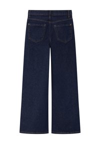 Donkerblauwe wijde denim broeken met achterzakken, zichtbare stiksels en een gladde textuur. De tailleband is iets elastisch voor extra comfort.