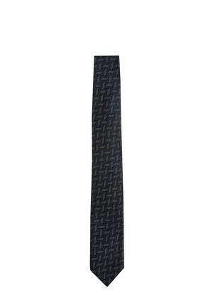 Navy tie with a geometric pattern of alternating zigzag shapes in light gray and brown. Made of smooth fabric, features a pointed tip.