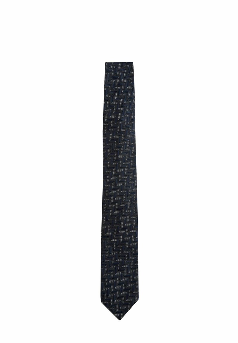 Navy tie with a geometric pattern of alternating zigzag shapes in light gray and brown. Made of smooth fabric, features a pointed tip.
