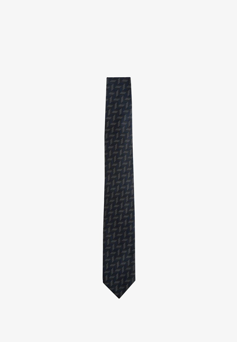 Marineblaue Krawatte mit einem geometrischen Muster aus abwechselnden Zickzackformen in Hellgrau und Braun. Hergestellt aus glattem Stoff, mit einer spitzen Spitze.