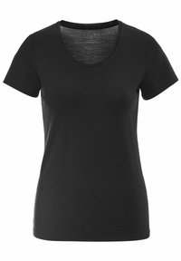 Czarny t-shirt z krótkimi rękawami, dekoltem w serek, wykonany z miękkiego materiału, o dopasowanym kroju i gładkiej fakturze.
