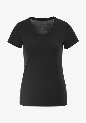 Black t-shirt with short sleeves, scoop neckline, made from soft fabric, featuring a fitted design and smooth texture.