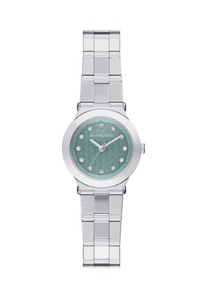 Silberne Metall-Uhr mit rundem Gehäuse, Zifferblatt in Minzgrün mit Muster und Kristallmarkierungen. Verfügt über ein silbernes Gliederarmband.