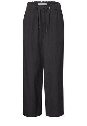 Schwarze Leinen-Hose mit weitem Bein, elastischem Bund, verstellbarem Kordelzug und lockerer Passform für einen hohen Komfort. Glatte Textur und minimalistisches Design.