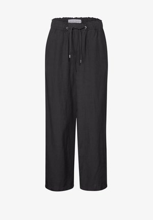 Schwarze Leinen-Hose mit weitem Bein, elastischem Bund, verstellbarem Kordelzug und lockerer Passform für einen hohen Komfort. Glatte Textur und minimalistisches Design.