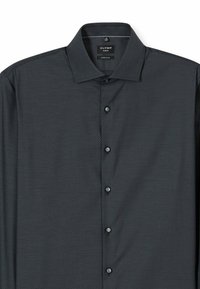 Dunkelgraues Langarmhemd mit geometrischem Muster, superenger Schnitt, spitzem Kragen und schwarzen Knöpfen entlang der Vorderleiste.