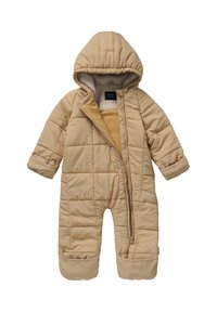 Tans gekleed overall met capuchon en ritssluiting. Heeft een doorgestikt textuur en een zachte binnenvoering. Mouwen zijn elastisch voor warmte.