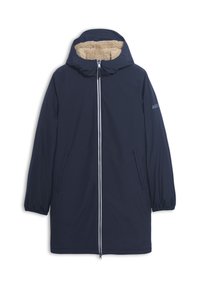 Marineblauwe parka met een zachte beige binnenvoering, ritssluiting, zijzakken en elastische manchetten. Voorzien van een capuchon en een merlogo op de mouw.