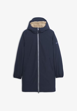 Navy blue parka with a fuzzy tan inner lining, zipper closure, side pockets, and elastic cuffs. Features a hood and brand logo on sleeve.