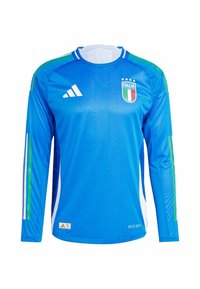 Blauwe lange mouwen voetbalshirt met groene en witte gestreepte accenten, voorzien van het "Italia"-logo en Adidas-merk. Lichtgewicht, gladde textuur.
