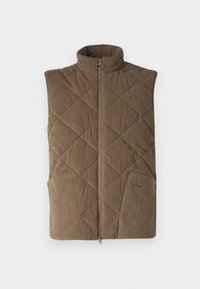 Braune Cordweste mit einem gesteppeten Muster, hohem Kragen, Reißverschluss vorne und zwei seitlichen Taschen. Schlichtes und funktionales Design.