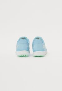 Blue athletic shoes with a smooth synthetic upper, white midsole, and mint green outsole. Features subtle branding on the heel.