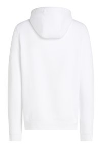 White hooded sweatshirt with a soft texture, long sleeves, and a curved hem. No visible graphics or hardware details.