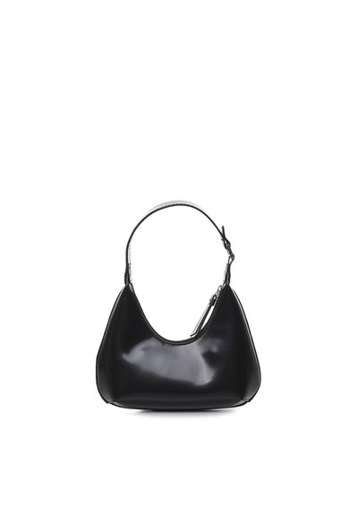 Black glossy handbag with a curved silhouette, a single shoulder strap, and a zip closure. Smooth texture with no visible patterns.