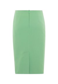 Grön knälång pennkjol med en subtil texturerad tyg och en dragkedja baktill vid midjan.