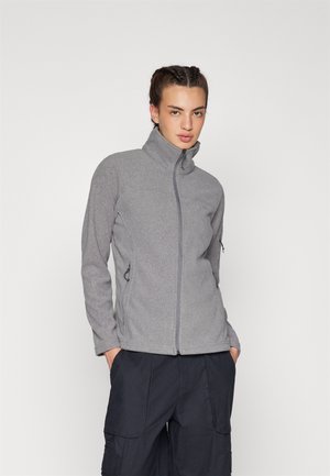 Grijze fleece jacket met hoge kraag, volledige rits en zijzakken. Kenmerkt zich door een soepele textuur en subtiele stikseldetails op de schouders.