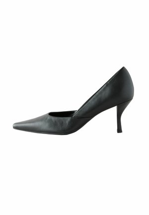 Black leather pointed-toe high heel shoe with a slim mid-height stiletto heel, shown in side profile on white background.