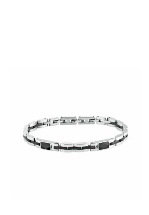 Bracciale da uomo in acciaio inossidabile argento e nero con accenti neri rettangolari su sfondo bianco.