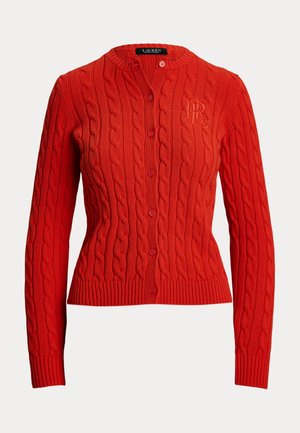 Red cable-knit cardigan with a rounded neckline, button closures, and ribbed cuffs. Features embossed logo detail on the chest.