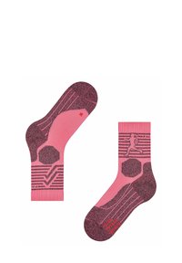 Różowe skarpety sportowe z teksturowanym wzorem, z motywem heksagonalnym i czerwonym logo. Krótkie, sięgające kostki, z amortyzowaną podeszwą.