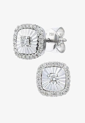 Boucles d'oreilles carrées en argent avec un diamant central, entouré de petits diamants. Présente une surface texturée avec un motif en éclat de soleil.