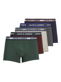 Fünf Paar Boxershorts in verschiedenen Farben: grün, burgunderrot, grau, marineblau und beige. Jede hat einen JACK & JONES Logo-Bund.