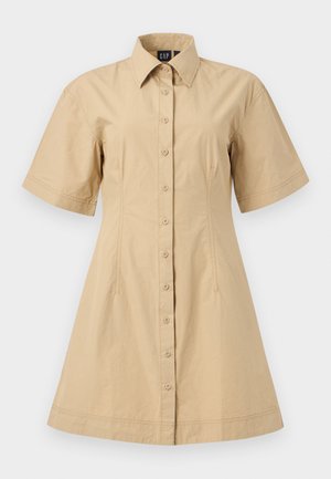 Beige short-sleeve button-down dress with collar, fitted waist, and flared skirt, displayed on white background.