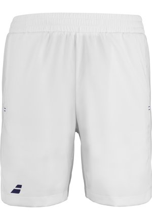 Hvide atletikshorts med elastisk taljebånd, sidelommer og et lille mørkt logo nær venstre kant.