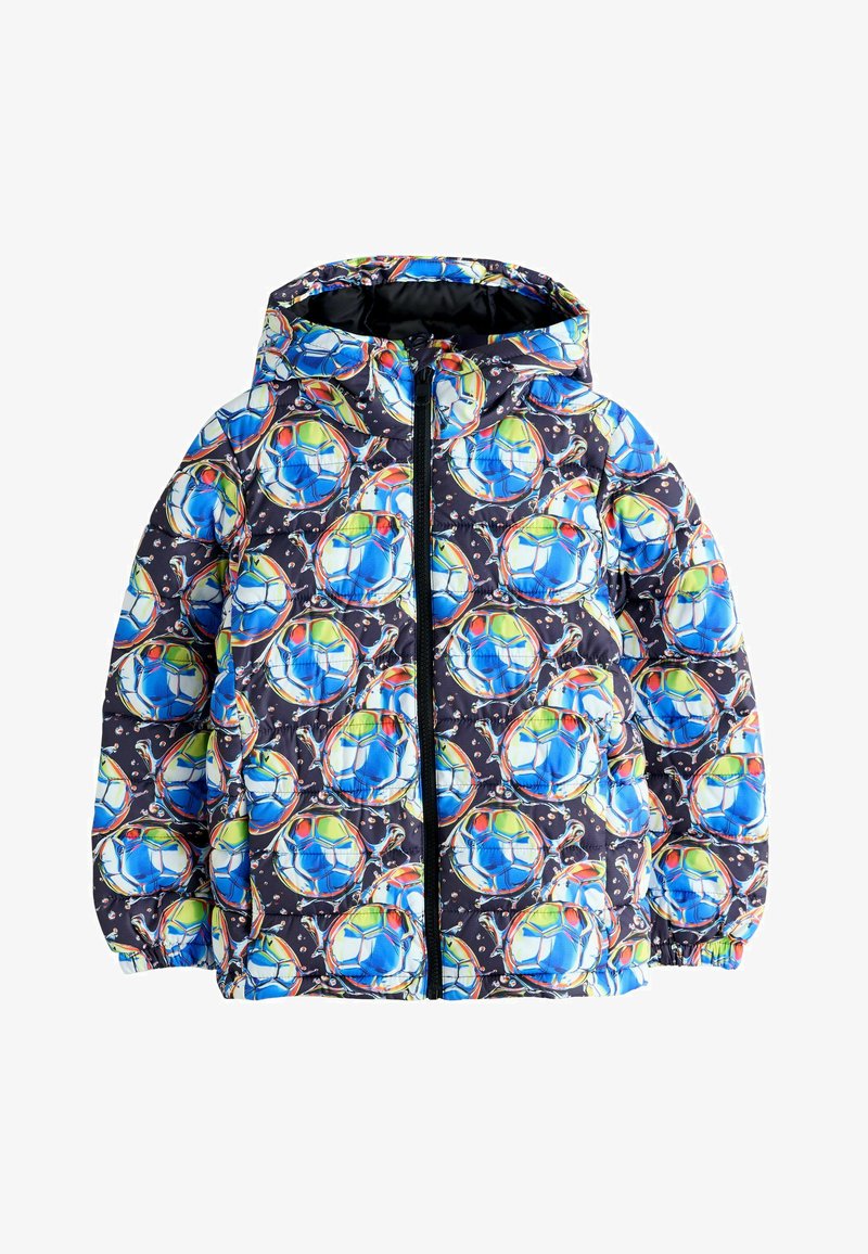 Padded jacket with a hood, featuring a black background and colorful soccer ball print. Front zip and elastic cuffs for a snug fit.