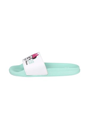 Chancla con suela y parte superior en verde menta. La tira blanca presenta un gráfico de un personaje con un lazo rosa. Textura suave.