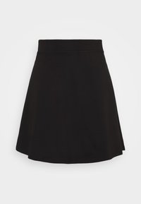 Svart A-linjeformad kjol tillverkad av mjukt tyg, med en slät yta, bred midja och knälång fåll. Klassisk enfärgad utan mönster.