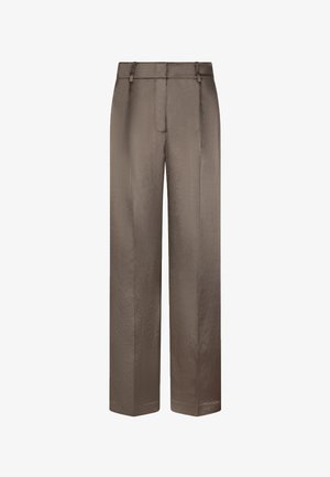 Bruine wijde broek met hoge taille, voorzien van riemlussen en een verborgen sluiting aan de voorkant, getoond op een witte achtergrond.