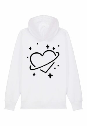 Haut à capuche blanc avec un graphique noir représentant un cœur encerclé par un anneau et des étoiles éparpillées. Fabriqué en tissu doux avec une poche kangourou à l'avant.