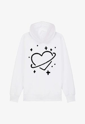 Felpa bianca con grafica nera di un cuore circondato da un anello e stelle sparse. Realizzata in morbido tessuto con tasca a marsupio frontale.