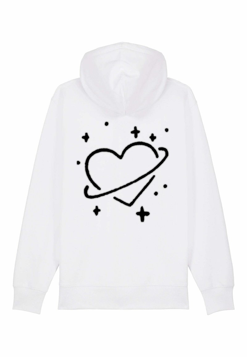 Felpa bianca con grafica nera di un cuore circondato da un anello e stelle sparse. Realizzata in morbido tessuto con tasca a marsupio frontale.
